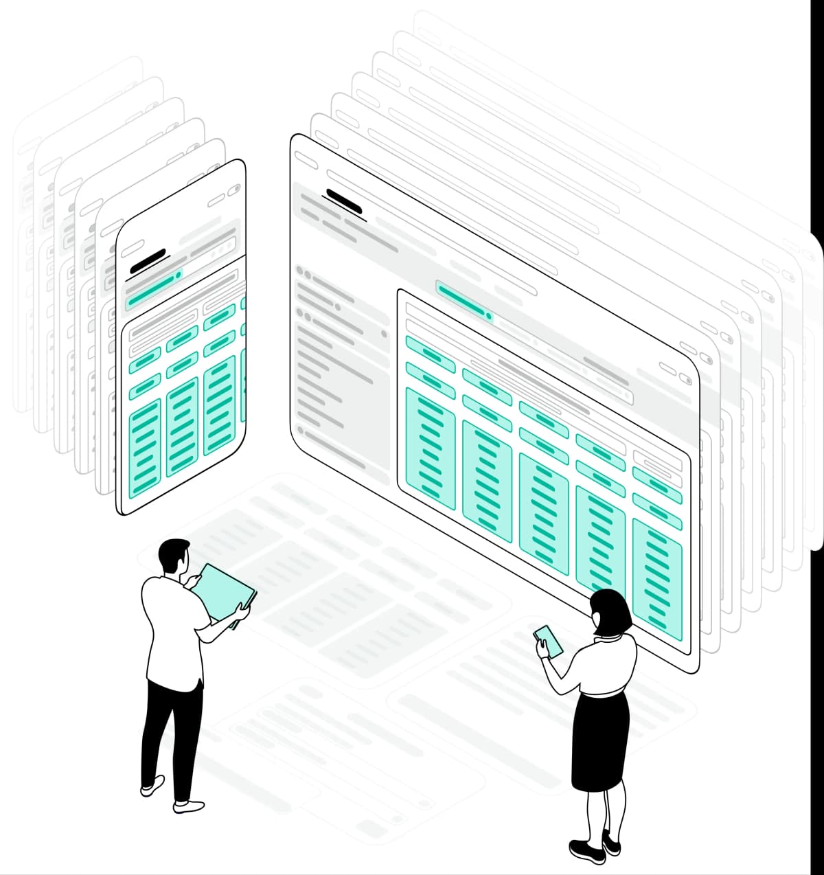 Blendwise platform illustration showing pricing grids on mobile and desktop with users